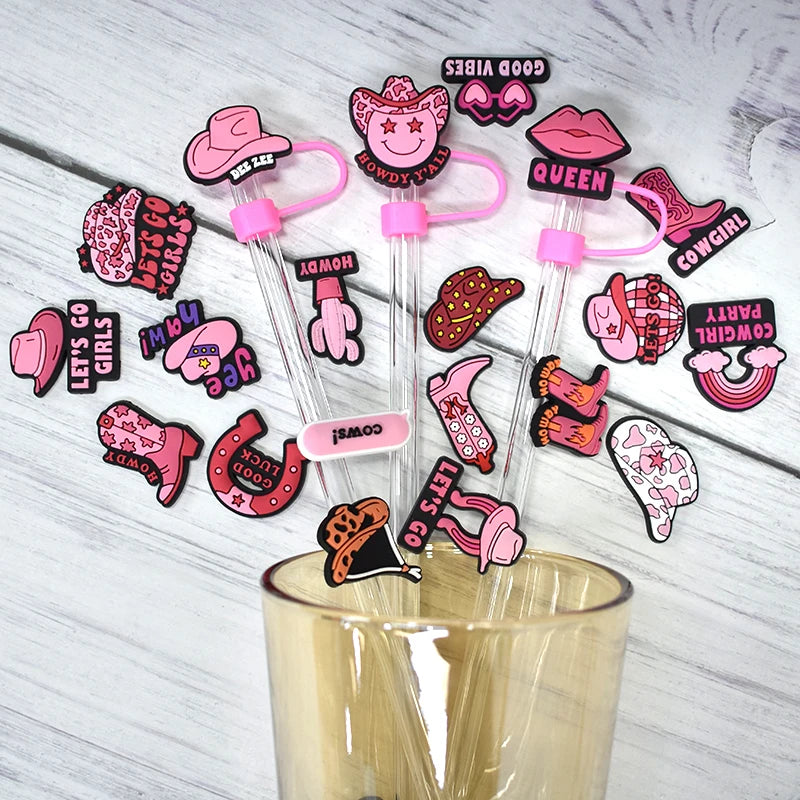 Manufacturer Custom 8mm Dust Caps Dust-Free Cup Accessories Reusable Pink Cartoon Cute PVC Silicone Straw Topper