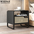 WISEMAX FURNITURE New Arrival Living Room Solid Wood Side Table Elegant Rattan Drawer Bedside Table with Book Shelf