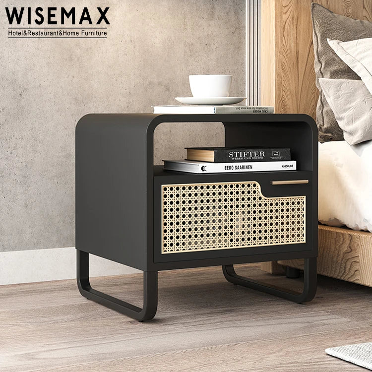 WISEMAX FURNITURE New Arrival Living Room Solid Wood Side Table Elegant Rattan Drawer Bedside Table with Book Shelf