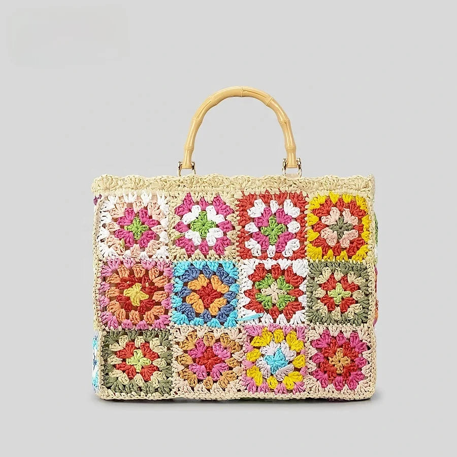 Women's Casual Tote Handmade Paper Straw Woven Handbag Bamboo Handle Eco Friendly Polyester Soft Durable Spring Summer Vacation