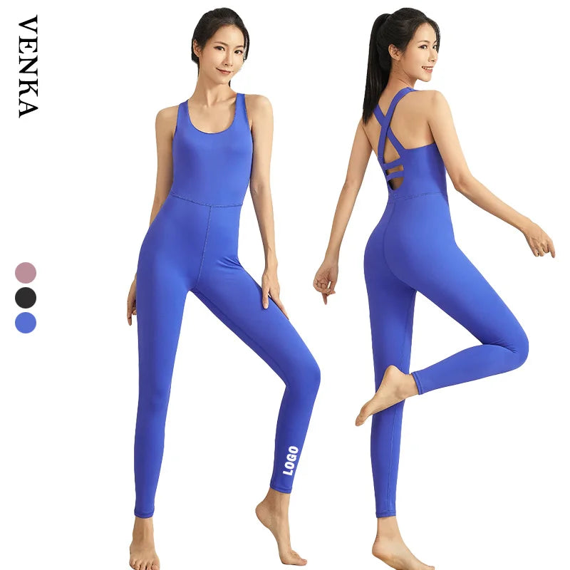 New Clothing Sports Jump Suit One Piece Workout Yoga Elastic Full Length Pants Sleeveless Crossed Back Rompers Jumpsuits