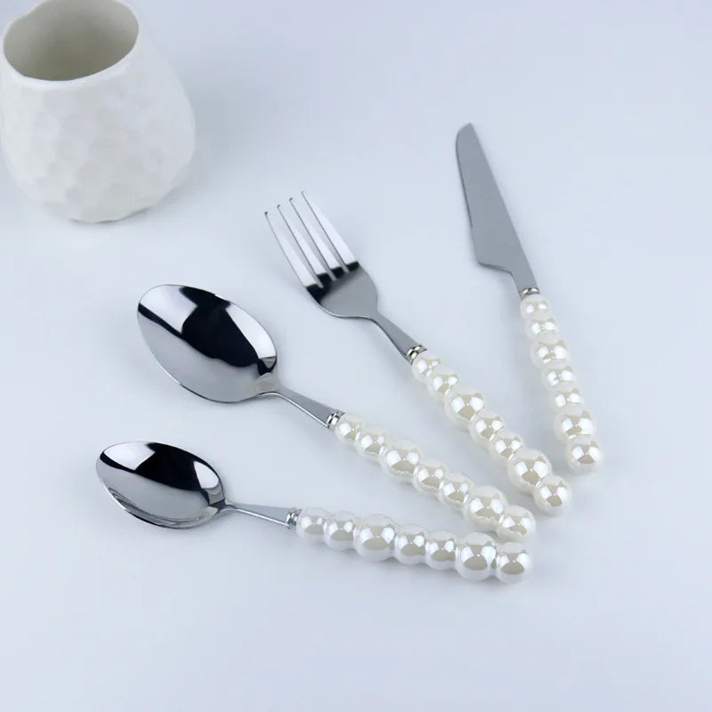 Stainless Steel Knife Fork and Spoon With Pearl Ceramic Handle Cutlery Set Metal Silverware Cutlery 4 Pcs Set
