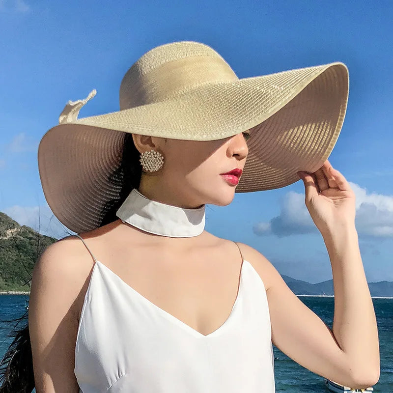 Wholesale Summer Wide Brim Foldable Straw Hat With Custom Logo for Ladies Floppy Visor Women With Bowknot Sun Beach Hat