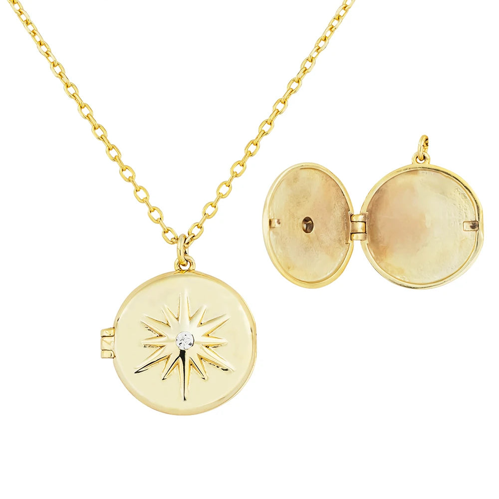 Large CZ Starburst Photo Locket Pendant Box Chain 925 Sterling Silver Gold Plated Necklace