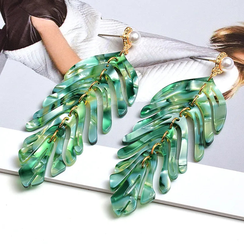 Fashion Jewelry Big Fan Statement Acrylic Drop Earrings Multi Layer Acetate Leaves Pearl Drop Earrings for Women
