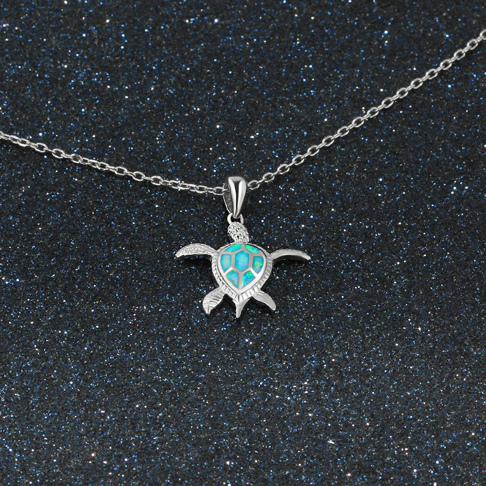 Women's Cute Turtle Shape Opal Pendant Necklace with Water-wave Chain Rhodium Plated 925 Silver for Religious Ceremonies