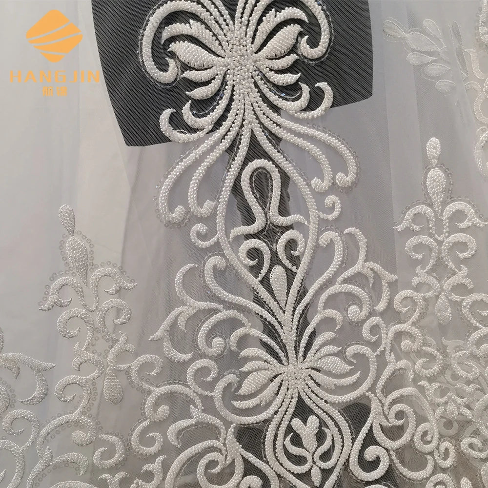 White Sequins Beaded Lace Fabric Wedding Dress Fabric Lace Bridal Lace Rayon Embroidery Tulle Mesh Fabric