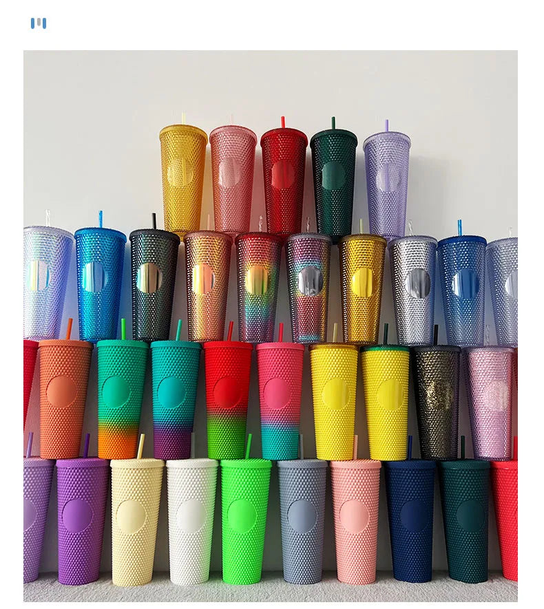 Wholesale Custom 24oz Plastic Tumbler Diamond Double Wall Drink Durian Cup Water Tumbler Bottle Cups in Bulk with Straw and Lid