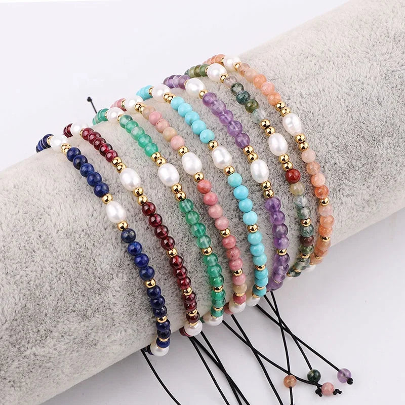 High Quality New Cute Design 3mm Gemstone Jewelry Freshwater Pearl Stainless Steel Beads Macrame Adjustable Bracelet for Women