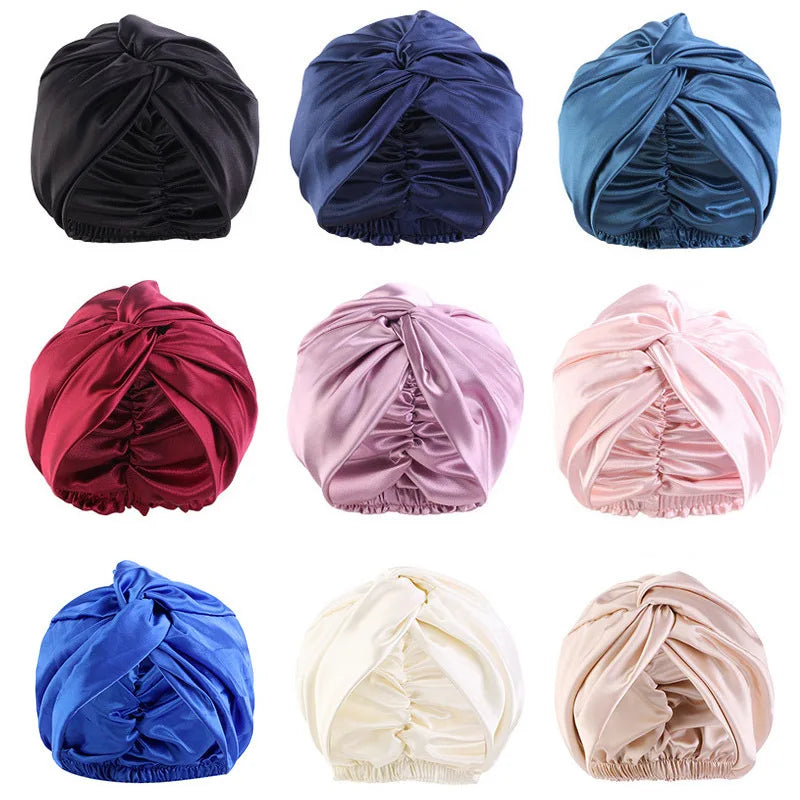 Wholesale Silky Twist Knot Beanie Satin Lined Bonnet Headwrap Solid Color Head Stretch Turban Hat
