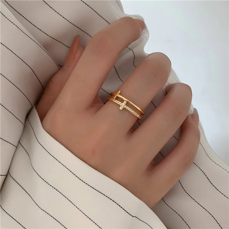 Wholesale Custom Stainless Steel Women Band Finger Ring Jewelry 18K Gold Plated Open Resizable Jesus Cross Ring Gold