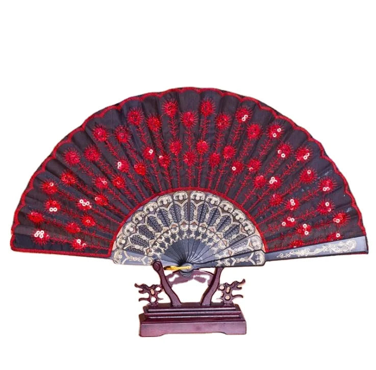 Chinese Dance Folding Fan Party Favor Elegant Colorful Embroidered Flower Peacock Sequins Plastic Hand Fans for Wedding Gifts