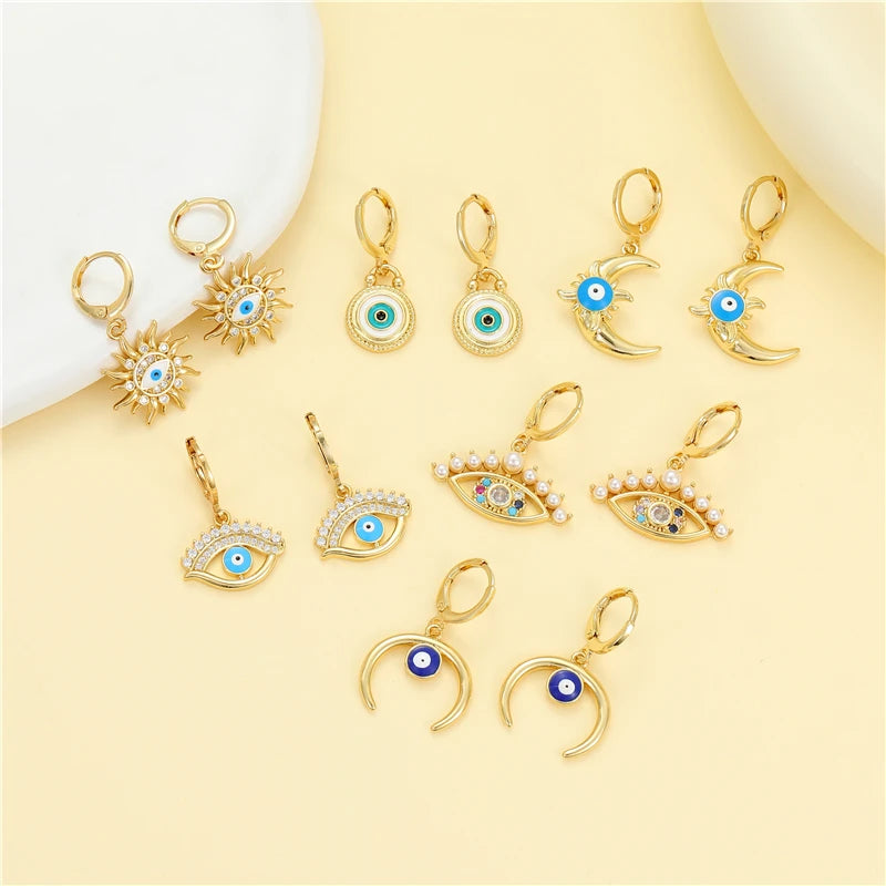 14K Gold Enamel Evil Eye Vintage Pearl Sun Moon Micropaved Zircon Statement Huggie Hoop Earrings Jewelry