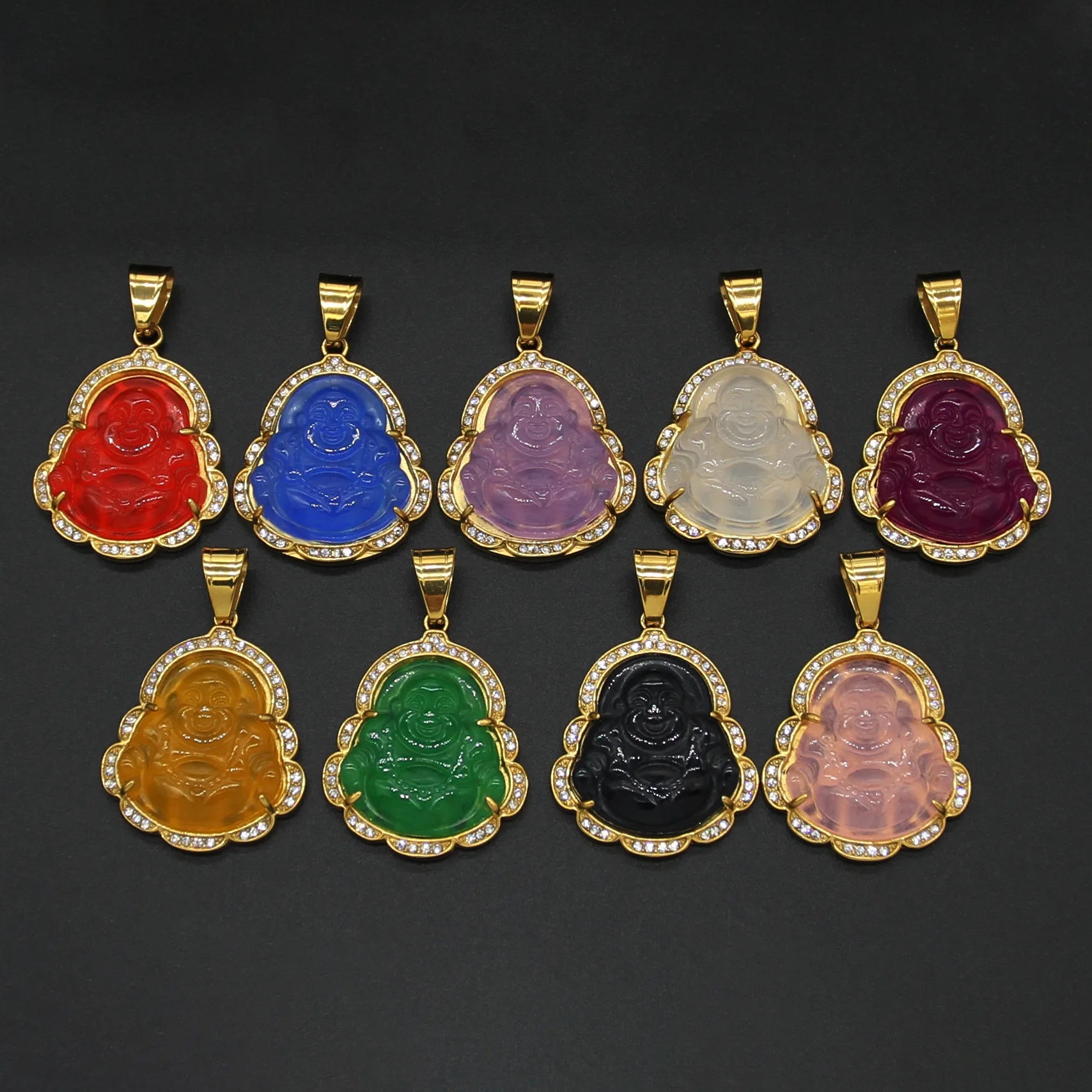 316L Stainless Steel Crystal Edge Buddha Pendants & Charms Necklace Multi Color Natural Jade Religious Maitreya Pendants