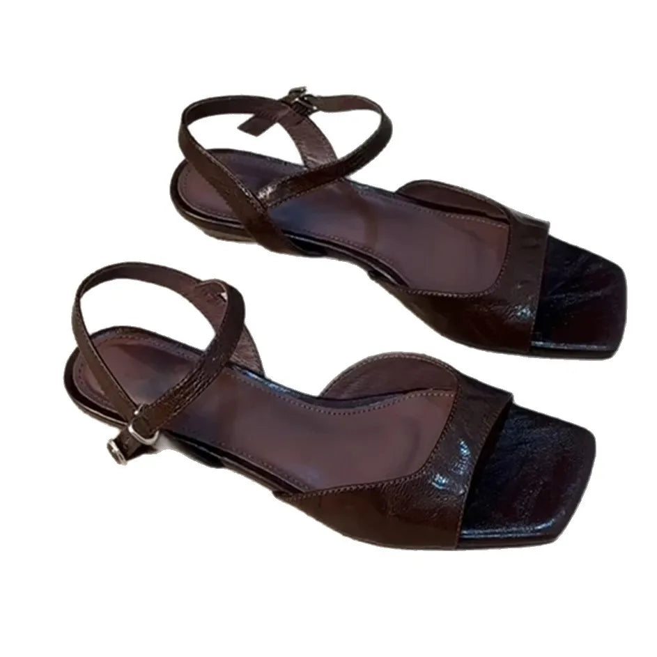 Moccasel Version Retro Simple Soft Leather Buckle Sandals Women's New Versatile Low-heeled Openwork Roman Shoes