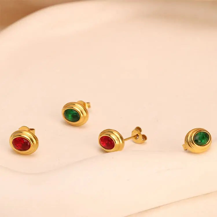 Chris April 316L Stainless Steel PVD Plated Ruby Emerald Oval Stud Earring