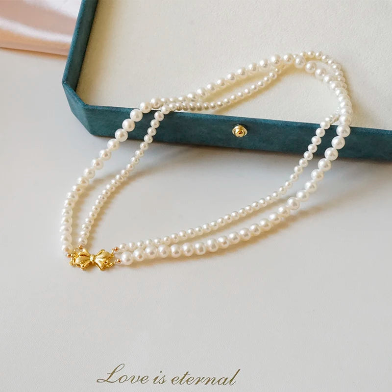 Dainty Jewelry 3-6mm Gold Filled Multilayer Pearl Bead Necklace Round Natural Freshwater Pearl Necklace
