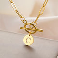 A-Z Initial Letter Round Pendant Toggle Clasp Necklace Stainless Steel Women's Paperclip Chain Necklaces Trendy Jewelry Gift