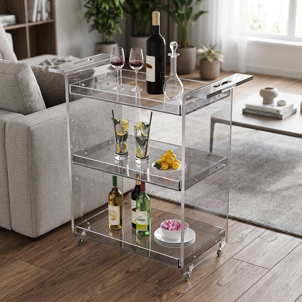 Customized Modern Design Clear Acrylic 2-Shelf Rolling Bar Cart Square Lucite Trolley for Dining Living Room Hotel Kitchen Use
