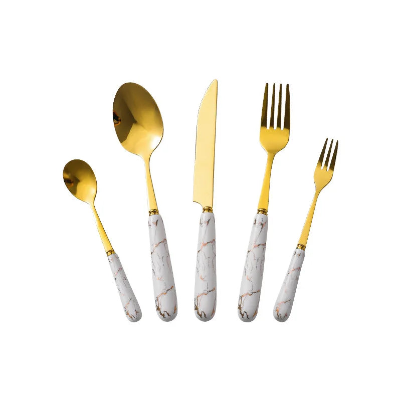 Wholesale Ceramic Handle Cutlery Set Stainless Steel Silverware Flatware Tea Spoon Gold Cutlery
