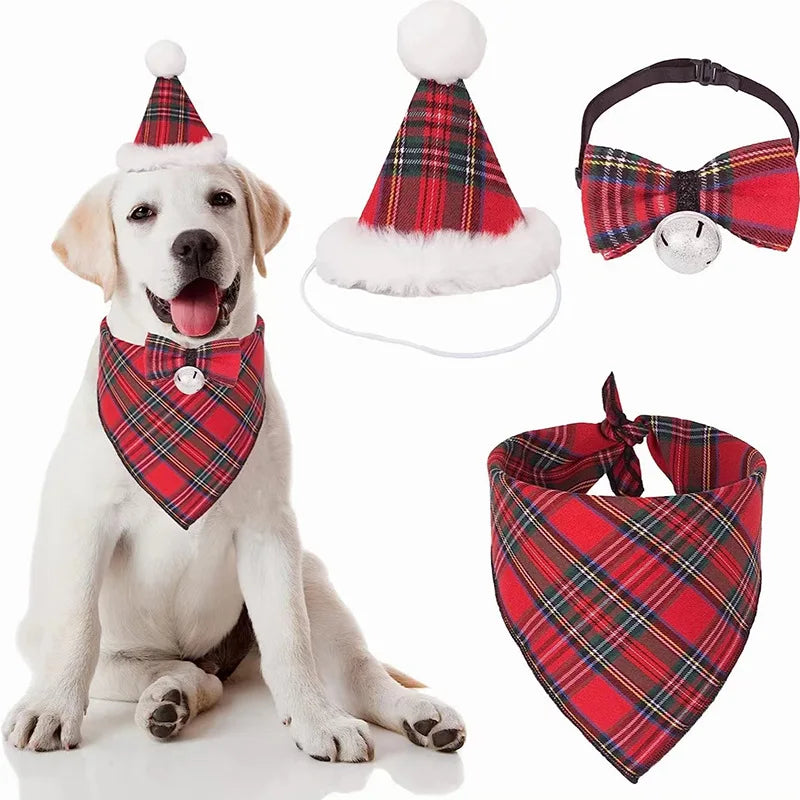 Dog Christmas Bandana Outfit Hat Bow Tie Set Classic Plaid Scarf Triangle Bibs Eco-Friendly Summer Small Medium Large Dogs