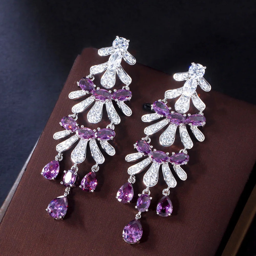 Luxury Royal Purple Cubic Zirconia Crystal Long Dangle Drop Tassel Women Engagement Chandelier Earring for Brides Wedding Party