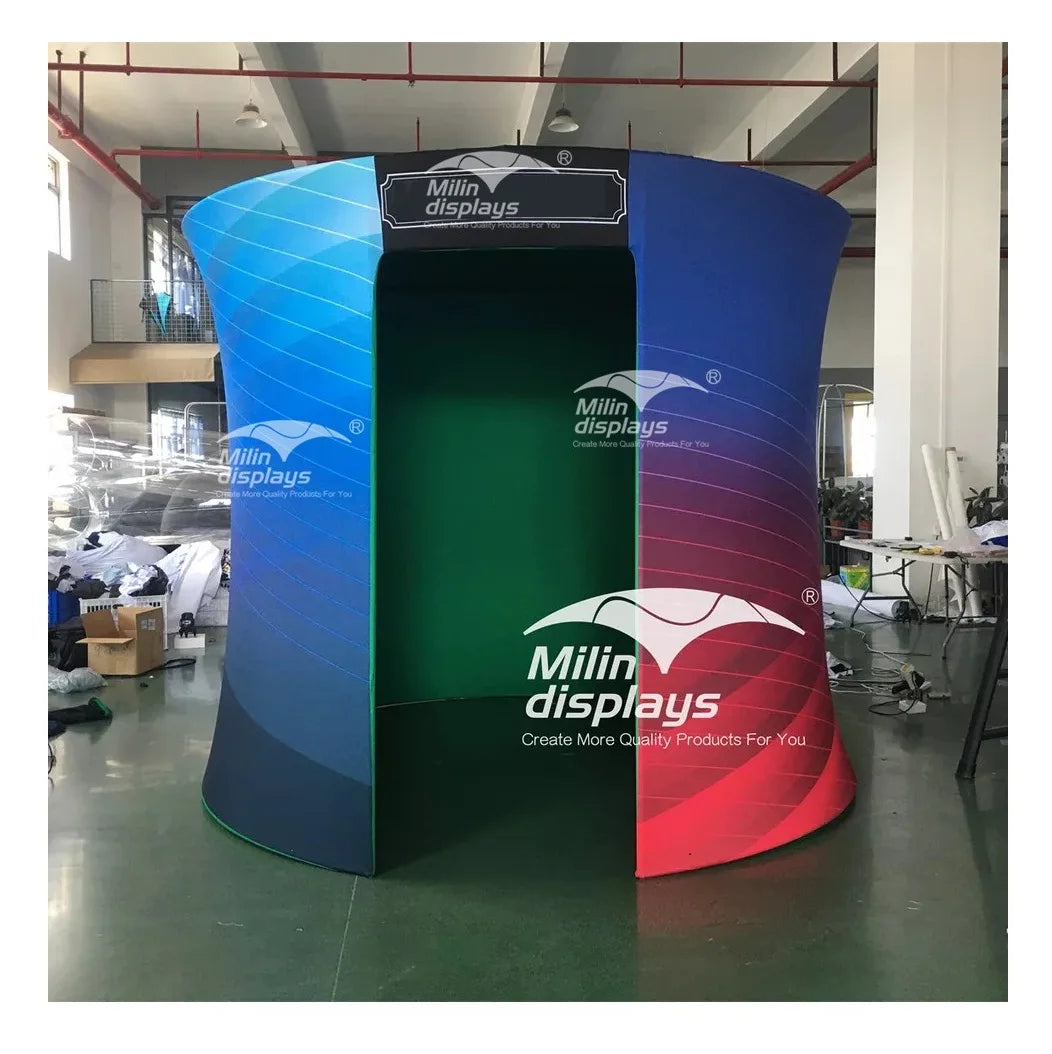 OEM Trade Show Video Booth Spin Tension Fabric Backdrop Stand Overhead 360 Spiral Photo Booth Enclosure Backdrops With LED Light