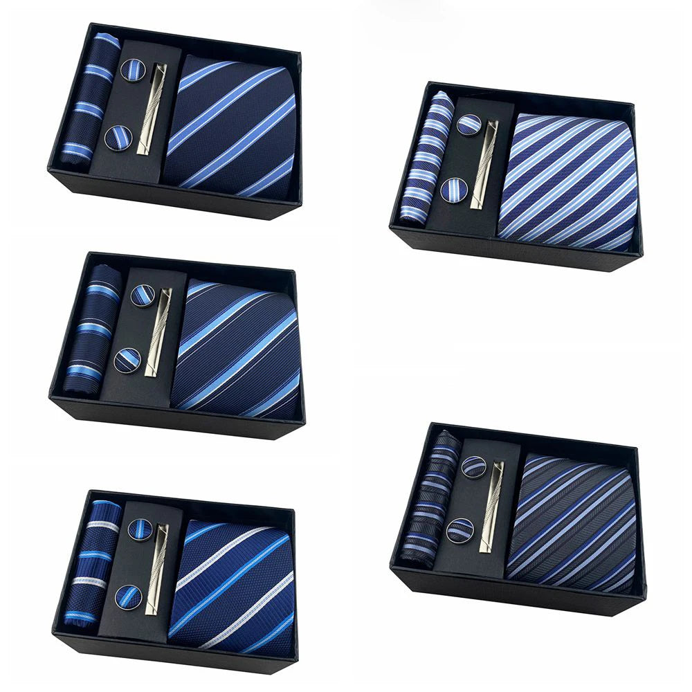 Classic Business Mens Tie Sets Gift Box Blue Striped Luxury Business Necktie Handkerchief With Cufflinks for Male Wholesale