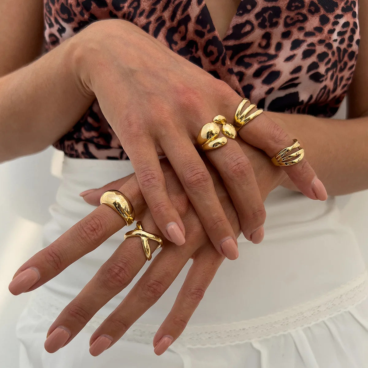 Fashion Simple Irregular Metal Pleated Open Ring Set Cool Style Geometric Drop Rings for Women