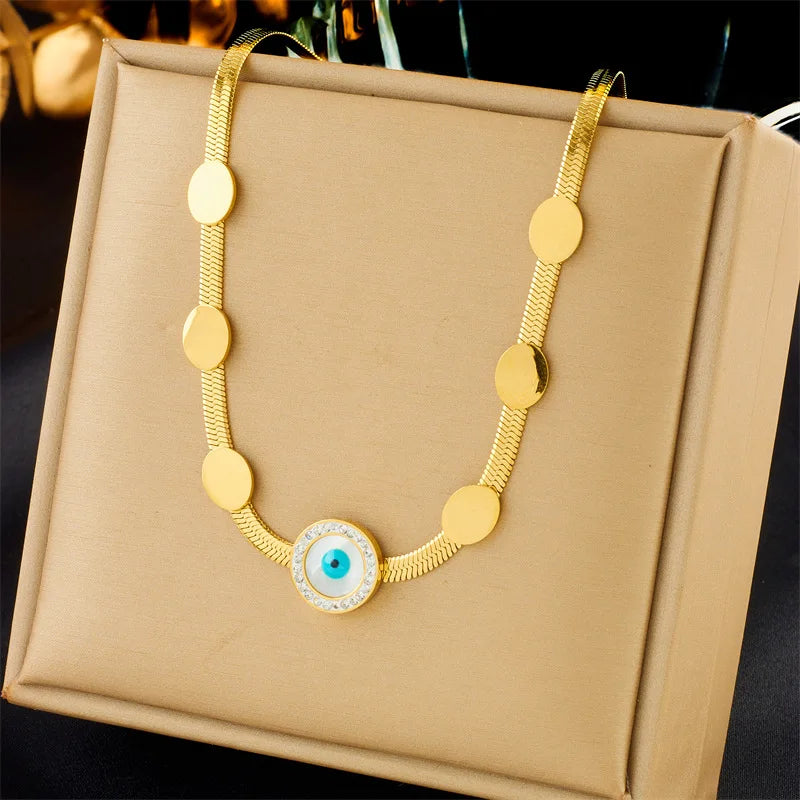 New Wholesale New Fashion Non Tarnish 18k Pvd Gold Plated Stainless Steel Snake Chain Blue Devil Eye Necklace Women