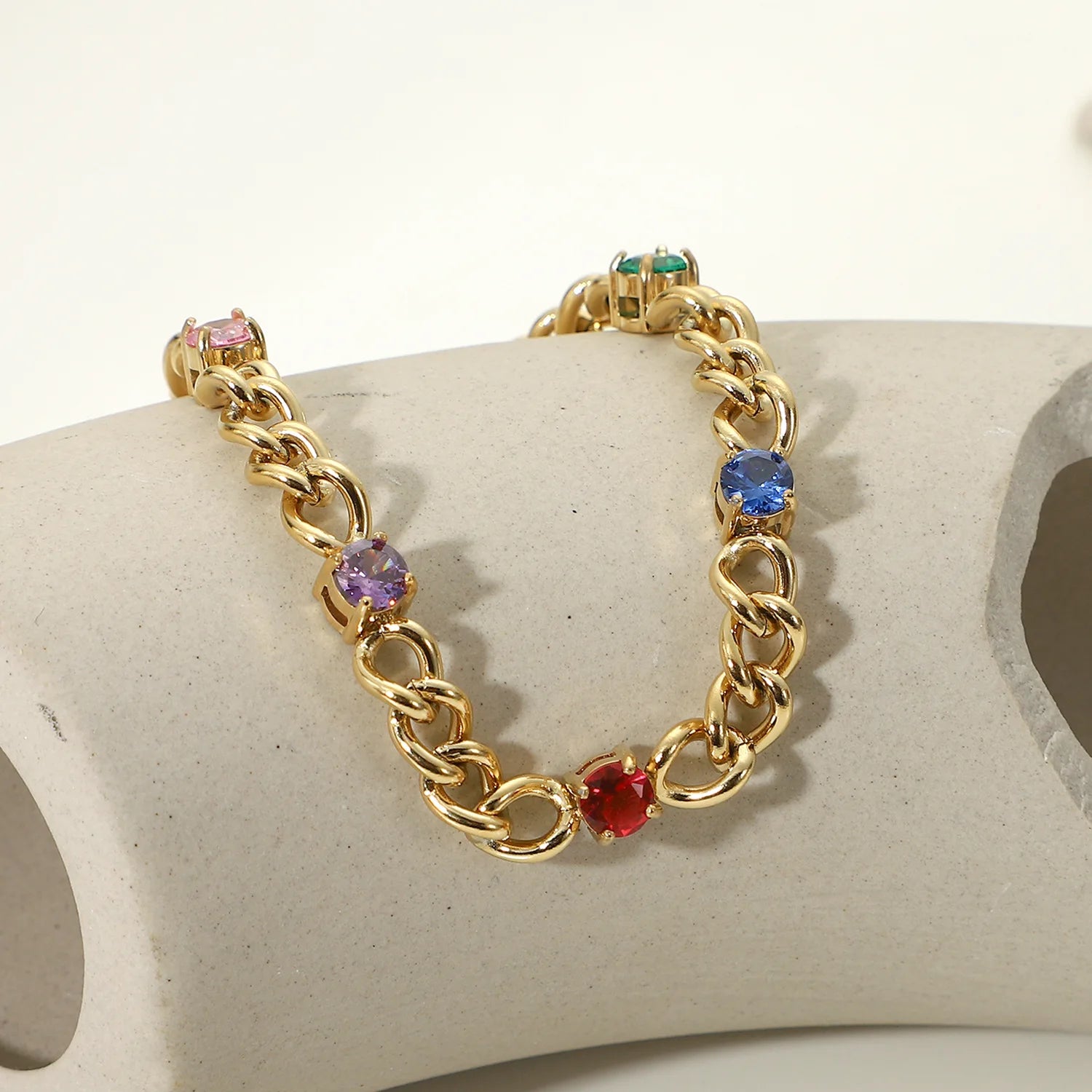 Aimgal Fine Jewelry 316 Stainless Steel PVD Plated 18K Gold 5A Colored Zircon Spliced Charm Trendy Party Unisex Gift Bracelet