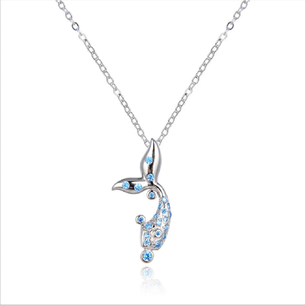S925 Sterling Silver Small Fresh Mermaid Tail With Blue Zircon Diamond Pendant Necklace Charm Women Choker Necklaces Jewelry