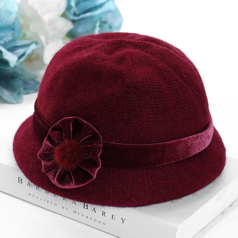 Middle-aged and Elderly Autumn and Winter Warm Rabbit Hair Knitted Hat Women's Granny Hat with Fluff Line Mother Hat