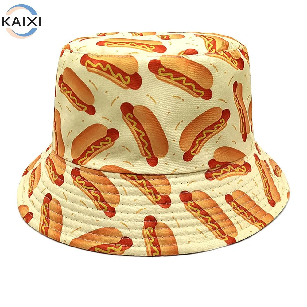 Hot Dog Burger Pattern Fisherman's Hat Double Sided Basin Hat Outdoor Sunscreen Sun Sunshade Hat