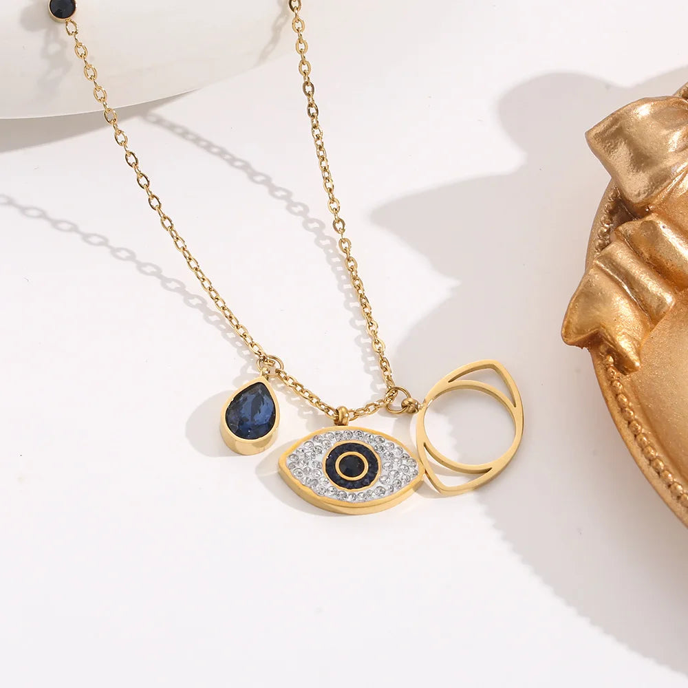 Luxury Water Drop Blue Zircon Devil's Eye Pendant Necklace Non Tarnish 18k Gold Plated Stainless Steel Choker Necklace for Women