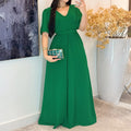 Y10579 High-Quality Summer Dresses Women Elegant V-Neck Short Sleeve Slim Green Long Dresses Women Maxi Dress Ladies