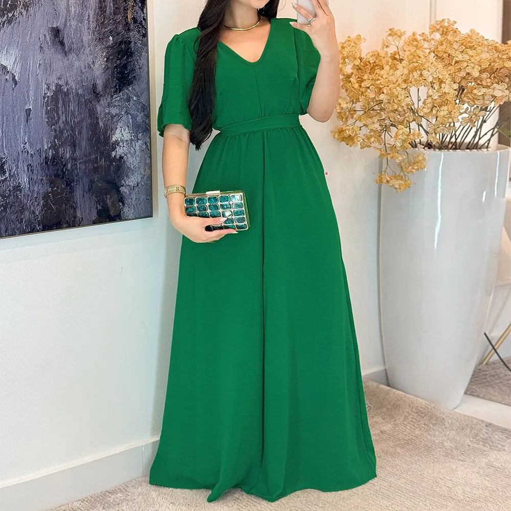 Y10579 High-Quality Summer Dresses Women Elegant V-Neck Short Sleeve Slim Green Long Dresses Women Maxi Dress Ladies