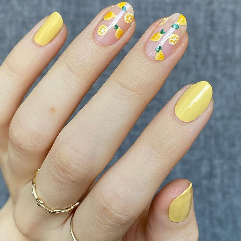 Summer Freshness Lemon Short Holiday Nail Tip ABS Coffin Patterned Fake Press Nails Fingers DIY Model Elegant Ballet Shape