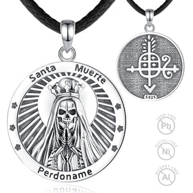 Merryshine 925 Sterling Silver Skull Jewelry Holy Death Santa Muerte Pendant Necklace for Men
