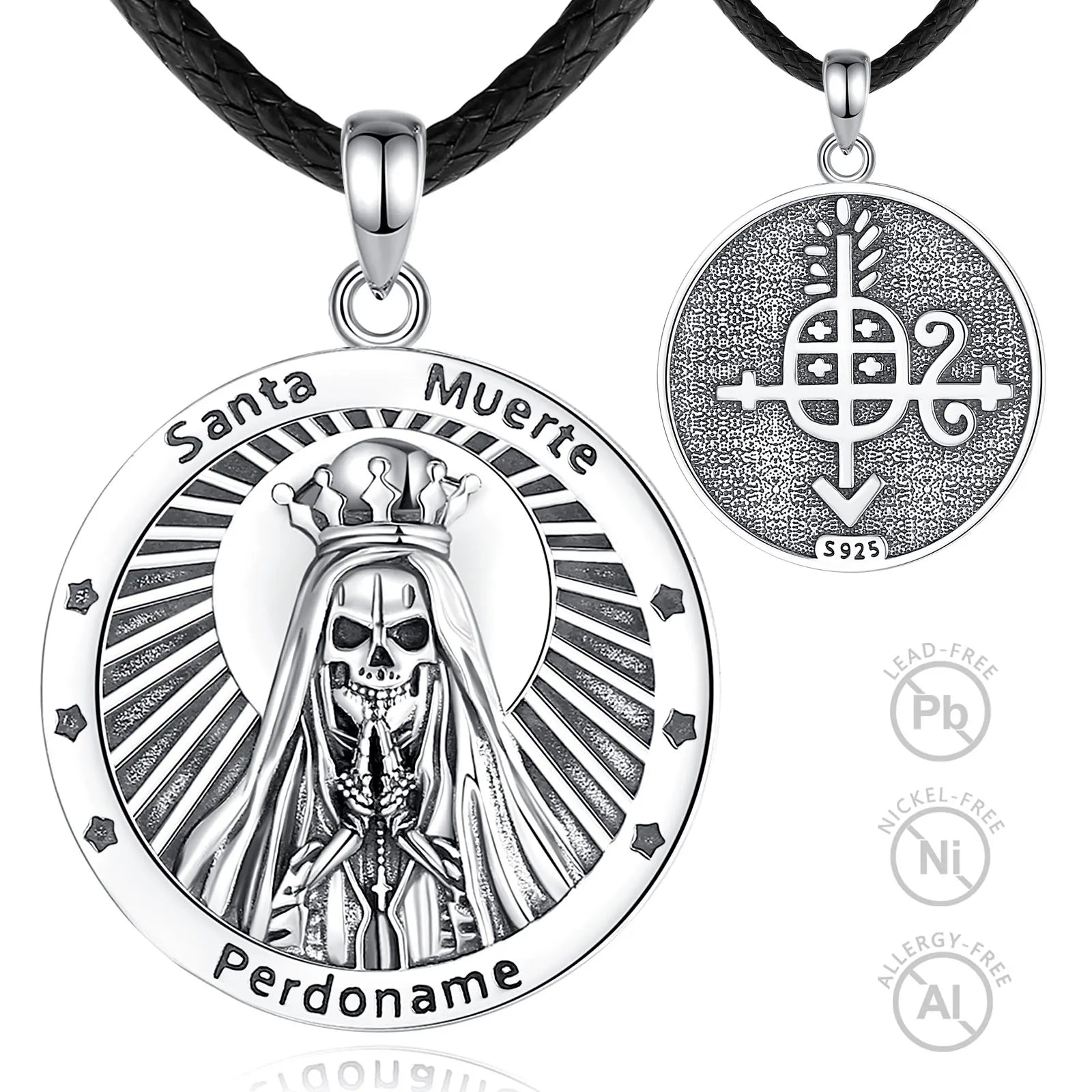 Merryshine 925 Sterling Silver Skull Jewelry Holy Death Santa Muerte Pendant Necklace for Men