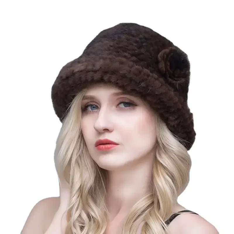 MWFur Luxury Ladies Mink Hair Hats Women Winter Fashion Winter Season Mink Fur Knitted Winter Hat With Fur Flower