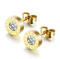 Fashion Stainless Steel Gold Plated Round Engraved Roman Numerals Zircon Minimalist Stud Earring Jewelry