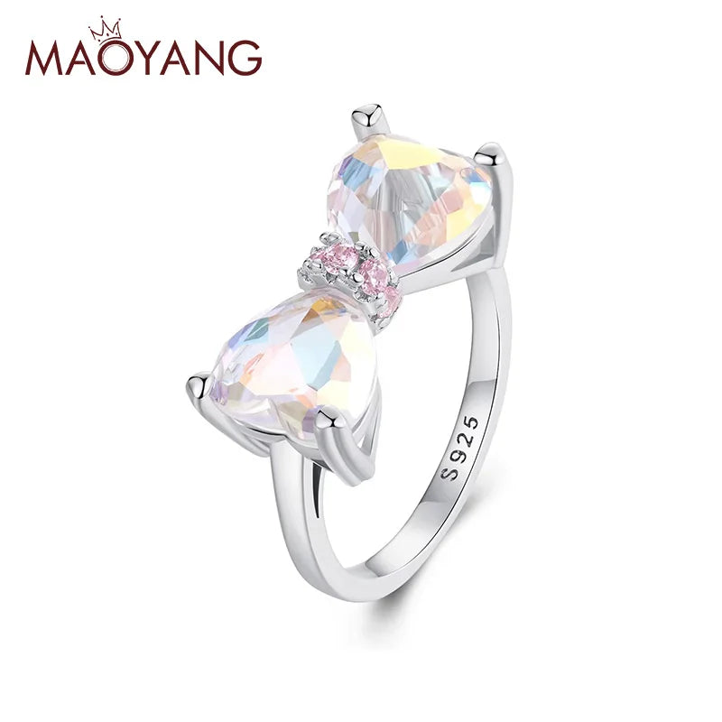 S925 Sterling Silver Plated Platinum Girl Heart Ring Jewelry Bow Main Stone Ring