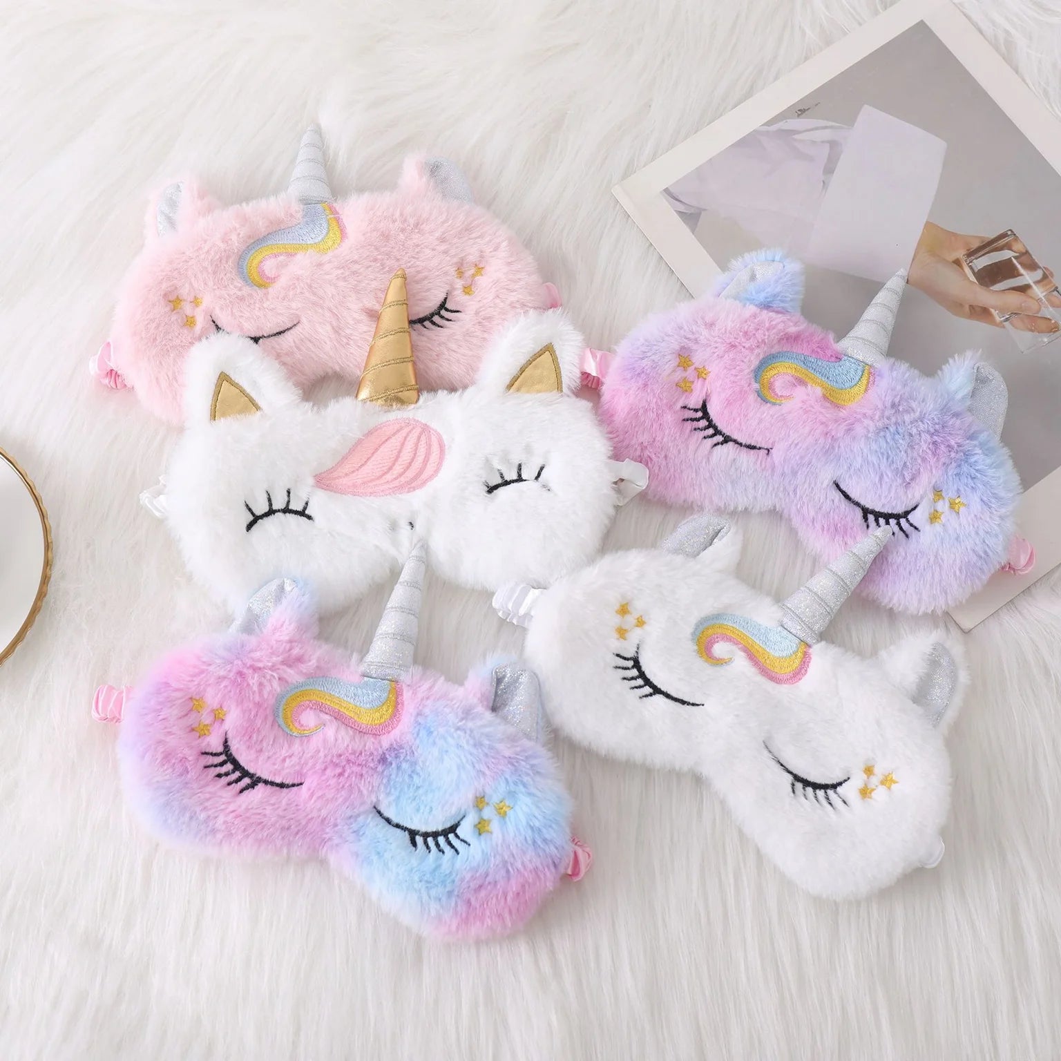 New Arrival Cute Adjustable Soft Rainbow Animal Shape Girls Plush Sleeping Eye Cover Embroidery Smile Eyes Cute Animal Eye