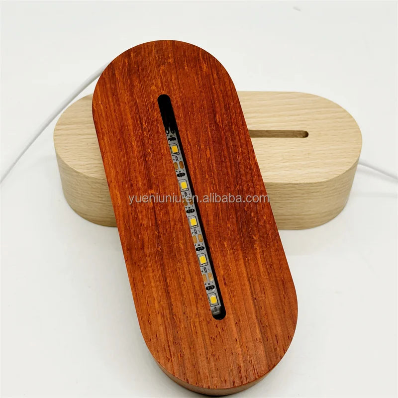 Walnut Wood 3D Night LED Light Bases for Modern Design Rectangular Wooden Lamp with Warm White Light Dimmable & USB Rechargeable MegaBDM