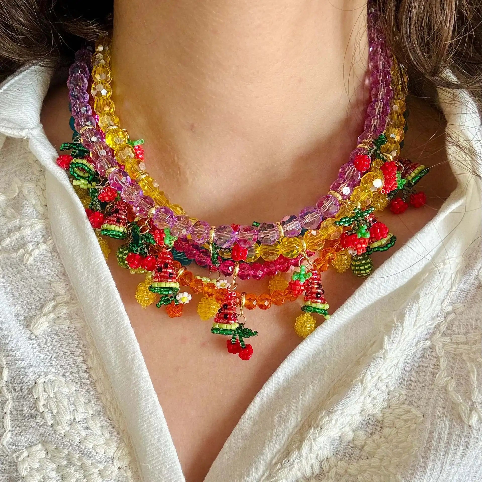 European American Summer Colorful Beaded Crystal Fruit Necklace Cross-Border Hot Selling Watermelon Raspberry Lemon Pendant Gift