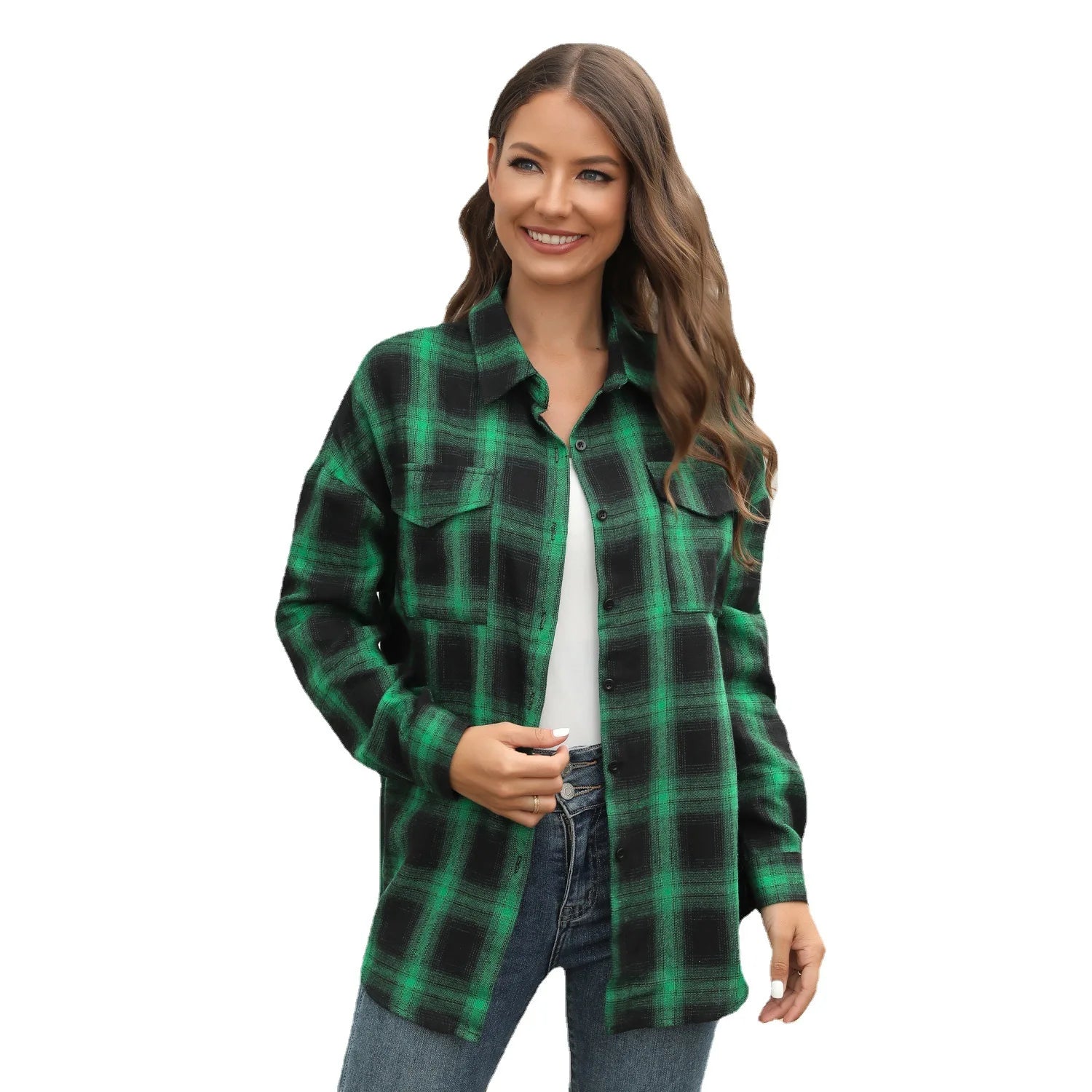 Womens Turn Down Collar Long Sleeve T-shirts Blouse Oversized Loose Women Blouse Casual Plaid Shirt