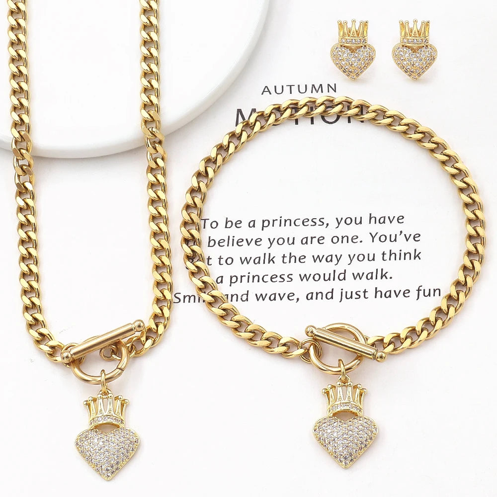 Hottest Jewellery Factory Bulk Sale Necklace Bracelet Big Earring Set Cubic Zirconia Crown Heart Pendant Jewelry