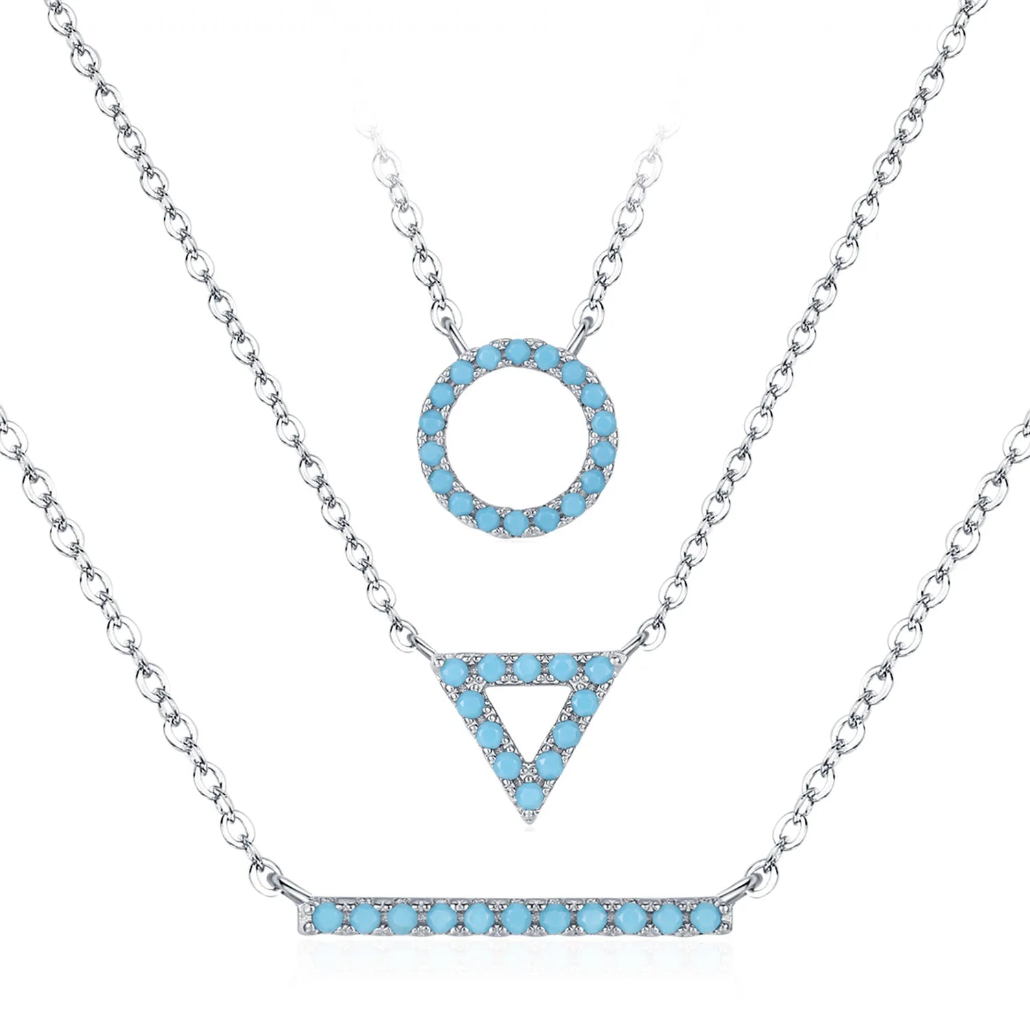 Custom Logo Original S925 Silver Hollow Geometric Triangle Turquoise Pendant Necklace Simple Stackable Clavicle Chain Parties