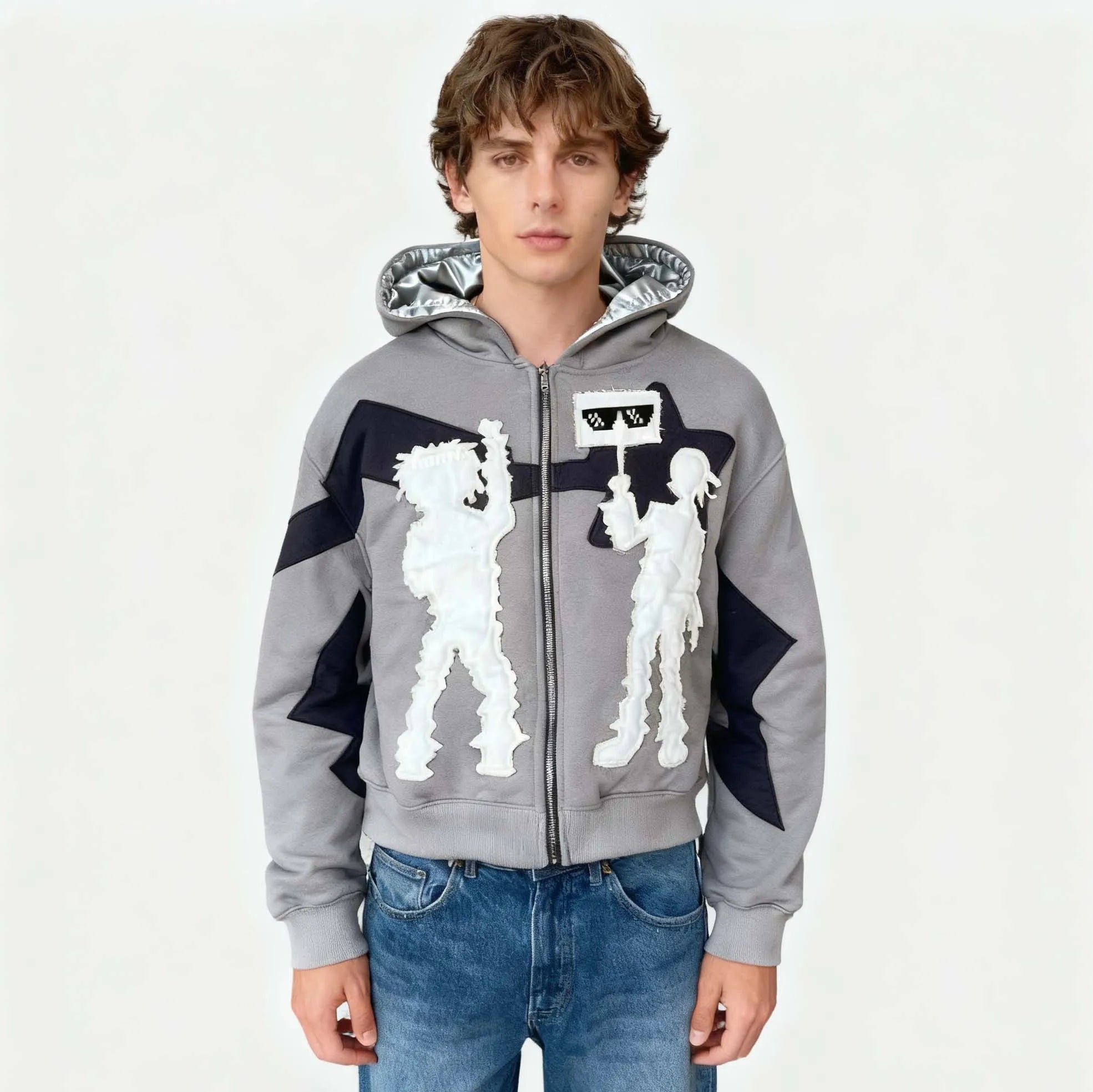Custom Heavyweight Distressed Zip up Embroidery Patch Hoodie Men Satin Oversized Cropped Streetwear 450 500gsm Graphic Hoodie